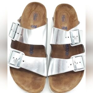 Birkenstock Arizona Sandal Softbed Leather Metallic Silver Narrow Women Size 8